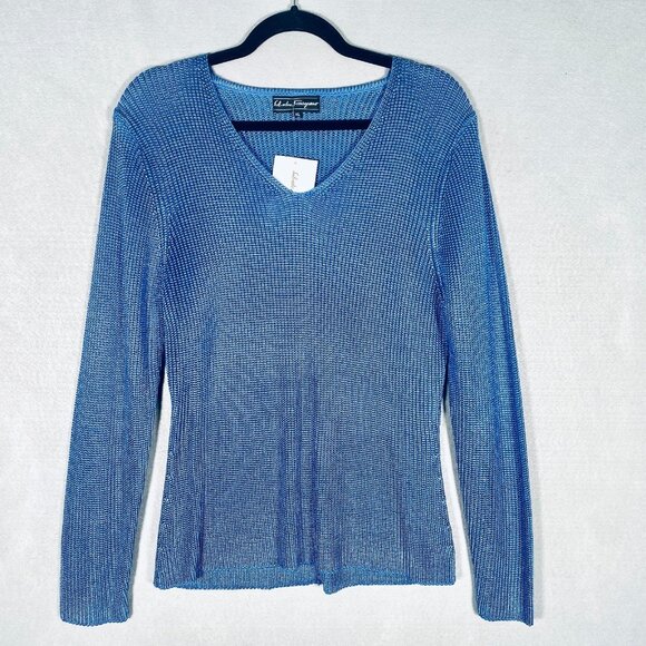 Salvatore Ferragamo Silk Sweater Womens XL Blue Crochet Knit Pullover Tunic NWT - Picture 1 of 12